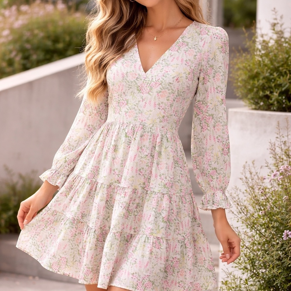 MiAmi for Francesca's Seona Floral V-Neck Tiered Mini Dress Pink Green Small NWT